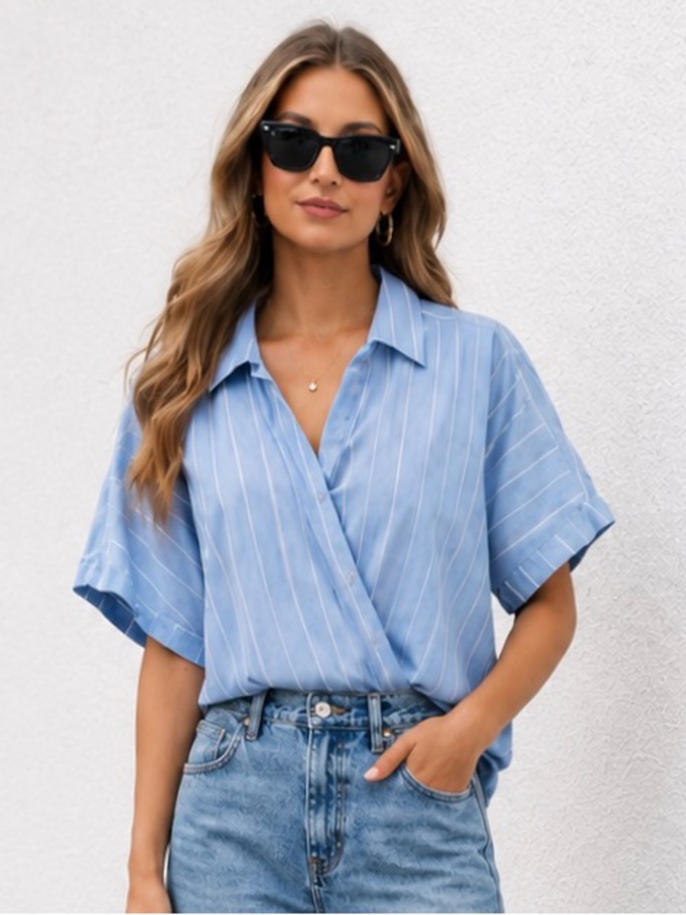 IKY & ME STRIPE FAUX WRAP SHIRT